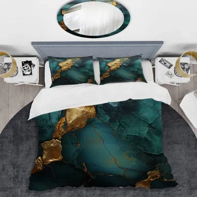 Design Art Gold And Green Abstract Marble Design Ii - Abstract Marble Duvet Cover Set In Green;gold
