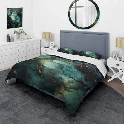 Design Art Gold And Green Abstract Marble Design Iii - Abstract Marble Duvet Cover Set In Green;gold