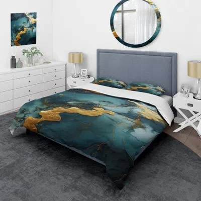 Design Art Gold And Green Abstract Marble Design V - Abstract Marble Duvet Cover Set In Green;gold