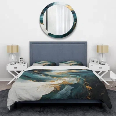 Design Art Gold And Green Abstract Marble Waterfall Vi - Abstract Painting Duvet Cover Set In Green;gold