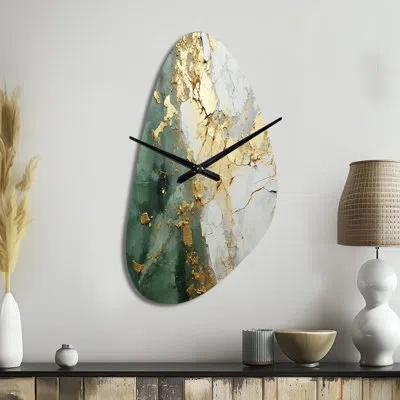 Design Art Gold And Green Paint Fusion - Unique Shape Abstract Painting Metal Wall Clock, Beige Wall Clock Prin
