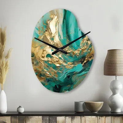 Design Art Gold And Green Unveiling The Energy Iv - Unique Shape Geometric Metal Wall Clock, Gold Wall Clock Pr