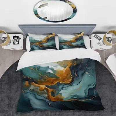 Design Art Gold And Green White Marble Waterfall I - Abstract Painting Duvet Cover Set In Green;gold