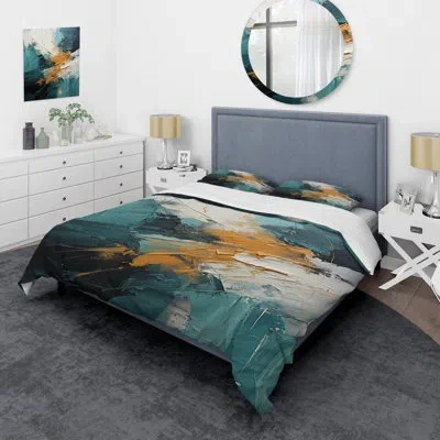 Design Art Gold And Green White Marble Waterfall Ii - Abstract Painting Duvet Cover Set In Green;gold