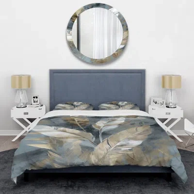 Design Art Gold And Grey Impressions Of Bohemian Energy Ii - Feather Duvet Cover Set - Microfiber Polyester In Gray;gold