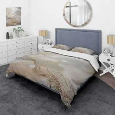 Design Art Gold And Grey Linear Expressions V - Abstract Line Art Duvet Cover Set - Microfiber Polyester In Gray;gold