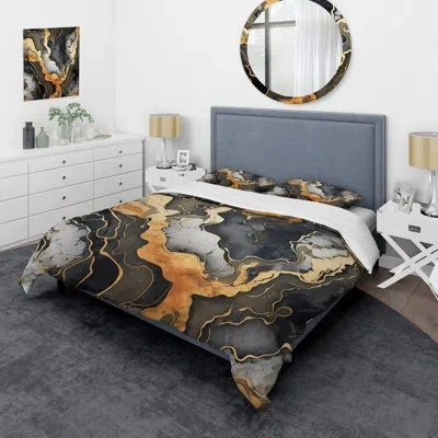 Design Art Gold And Grey Marble Glimmering Galaxies Ii - Abstract  Fractal Duvet Cover Set In Gray;gold