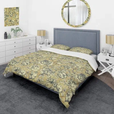 Design Art Gold And Grey Rose - Cabin & Lodge Duvet Cover Set In Brown,gray