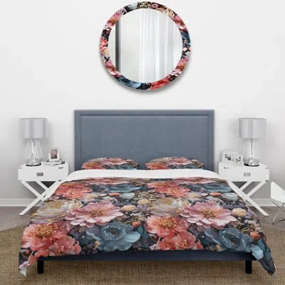 Design Art Gold And Pink Galactic Gardens - Floral Duvet Cover Set In Blue;pink