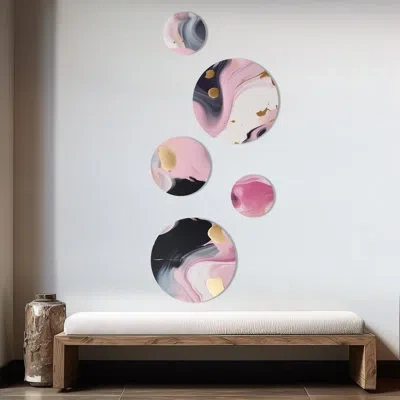 Design Art Gold And Pink Swirl Ink Ii - Abstract Marble Metal Wall Décor In Pink;gold