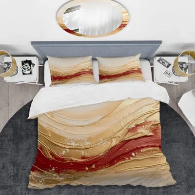 Design Art Gold And Red Soft Wave Fusion - Abstract Shapes Duvet Cover Set In Red;gold