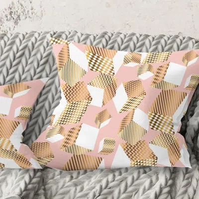 Design Art Gold And Rose Cubes I - Mid-century Modernprinted Throw Pillow In Pink;gold