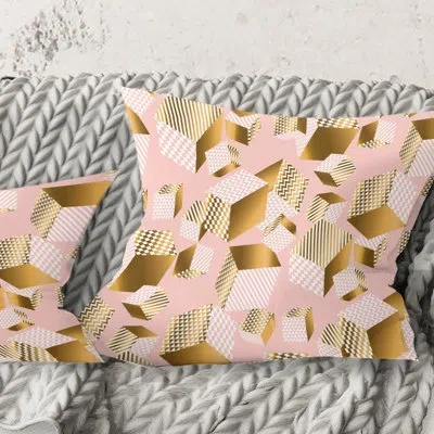 Design Art Gold And Rose Cubes Ii - Mid-century Modernprinted Throw Pillow In Pink;gold