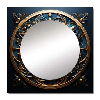 Design Art Gold And Teal 3d Flowers Ancient Seal - Abstract Botanicals Square Mirror Wall Decor For Bedroom In Gold;blue