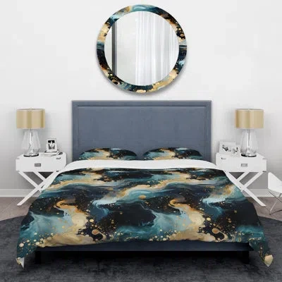 Design Art Gold And Teal Galactic Marble Dream - Marble Duvet Cover Set In Gold;teal