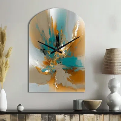 Design Art Gold And Turquoise Marble Fluid Ink I - Marble Asymmetrical Metal Wall Clock, Gold Arch Clock Print In Green;gold