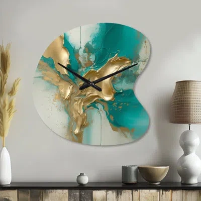 Design Art Gold And Turquoise Marble Fluid Ink Ii - Marble Unique Shape Metal Wall Clock, Modern Asymmetrical W In Green;gold