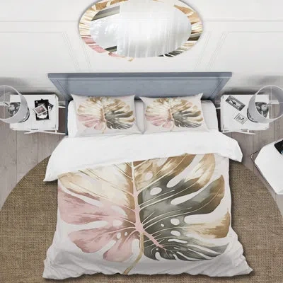 Design Art Gold And White Philodendron Leaf Ii - Plants Duvet Cover Set - Microfiber Polyester In Gold;cream