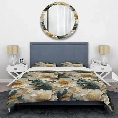 Design Art Gold And White Royal Flower Gardens I Bedding In White;gold