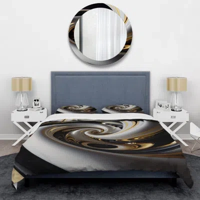 Design Art Gold Black And White Stained Glass Iii - Modern Spiral Duvet Cover Set - Microfiber Polyester In Black;gold