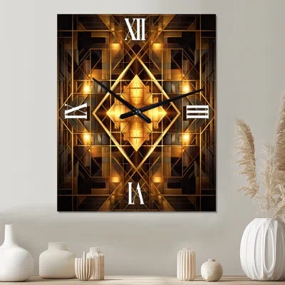 Design Art Gold Black Fractal Tide V - Abstract  Metal Wall Clock In Black;gold
