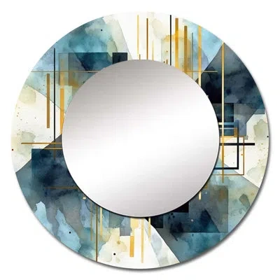 Design Art Gold Blue Abstracted Realities - Abstract Shapes Unique Wall Mirror, Modern Round Mirror, Printed Me In Gold;blue