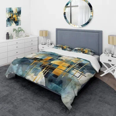 Design Art Gold Blue Abstracted Realities Microfiber / Polyester Duvet Cover Setmicrofiber / Polyester Duvet Co In Blue;gold