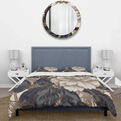 Design Art Gold Blue Carnation Flower Iv Beddingmicrofiber / Polyester Duvet Cover Set In Blue;gold