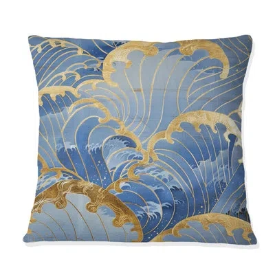 Design Art Gold Blue Coastal Waves - Coastal Throw Pillow In Blue;gold