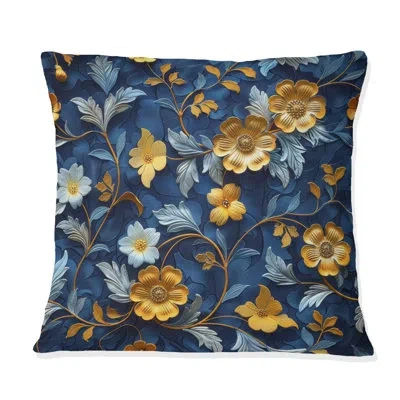 Design Art Gold Blue Flowers Serenity - Flowers Throw Pillow In Blue;gold