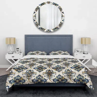 Design Art Gold Blue Glam Damask Tiles - Glam Duvet Cover Set In Blue;gold