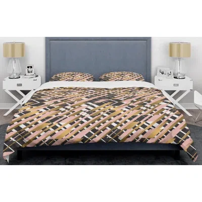 Design Art Gold Checkered Pattern Ii - Glam Abstract Duvet Cover Set - Microfiber Polyester In Pink