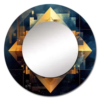 Design Art Gold Cubist Visions Iii - Cubism Decorative Mirror, Gold Round Wall Mirror, Printed Metal Art In Gold;blue;black