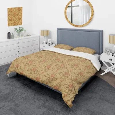Design Art Gold Damask - Abstract Duvet Cover Set - Microfiber Polyester In Gold,pink