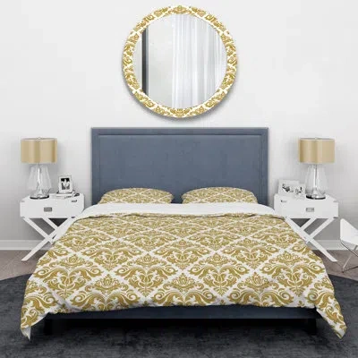 Design Art Gold Damask - Abstract Duvet Cover Set - Microfiber Polyester In Gold,white