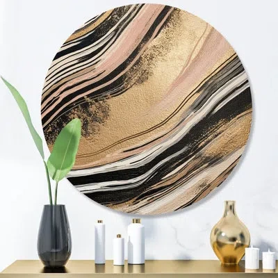 Design Art Gold Embracing Essence Of Lines Ii - Abstract Marble Round Wall Art On Metal In Black;gold