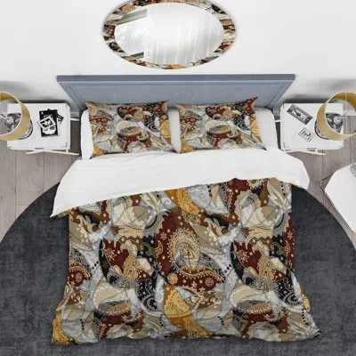 Design Art Gold Floral Paisley - Abstract Duvet Cover Set - Microfiber Polyester In Gray,brown