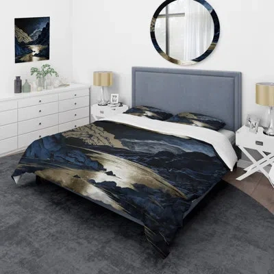 Design Art Gold Frosted River And Mountain Iii - Forest River Mountains Duvet Cover Set - Microfiber Polyester