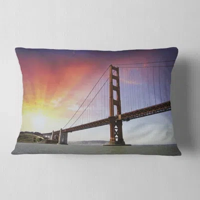 Design Art Gold Gate Bridge And Sky - Landscape Printed Pillow In Yellow