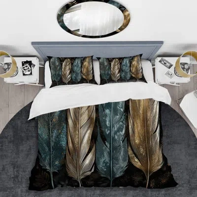 Design Art Gold Gilded Feathers I - Glam Feather Duvet Cover Set - Microfiber Polyester In Blue;gold