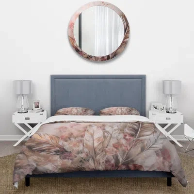 Design Art Gold Glamorous Feathers Of Boho Fantasy Iv - Glam Feather Duvet Cover Set - Microfiber Polyester In Pink;gold