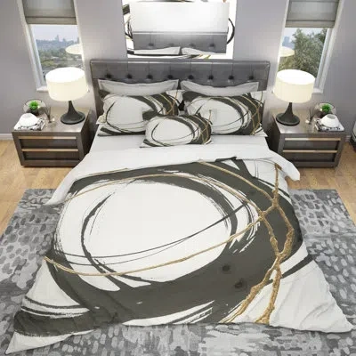 Design Art Gold Glamour Circle Iii - Posh & Luxe Duvet Cover Set - Microfiber Polyester In White