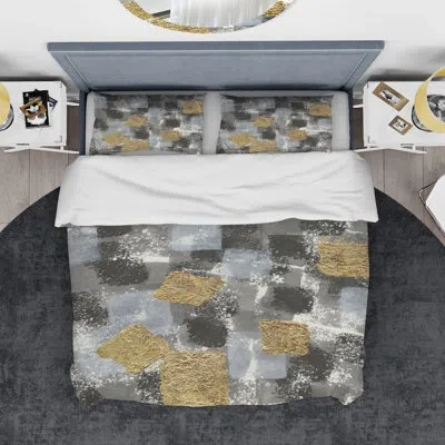 Design Art Gold Glamour Squares Ii - Modern & Transitional Duvet Cover Set - Microfiber Polyester In Gray
