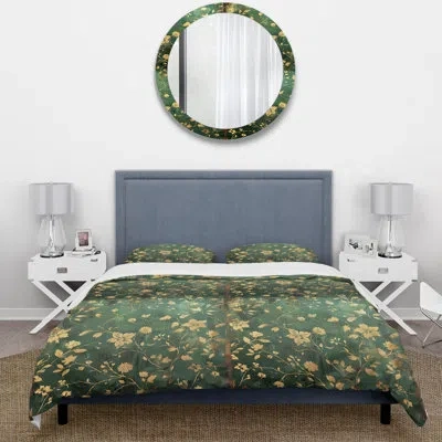 Design Art Gold Green Floral Gardens I - Floral Duvet Cover Set In Green;gold