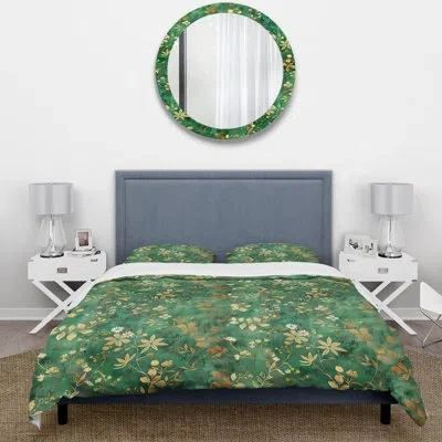 Design Art Gold Green Floral Gardens Ii - Floral Duvet Cover Set In Green;gold