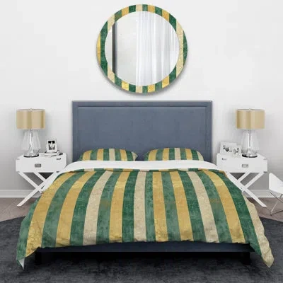 Design Art Gold Green Stripes Iii - Stripes Duvet Cover Set In Green;gold