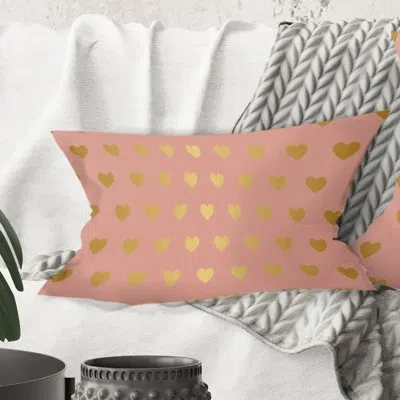 Design Art Gold Hearts On Pink - Mid-century Modernprinted Throw Pillow