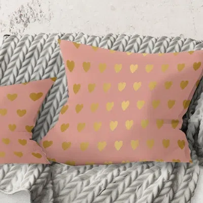 Design Art Gold Hearts On Pink - Mid-century Modernprinted Throw Pillow