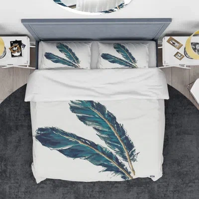 Design Art Gold Indigo Feathers Iii - Modern Bohemian Duvet Cover Set - Microfiber Polyester In Multicolor