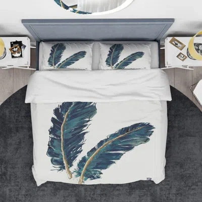 Design Art Gold Indigo Feathers Iv - Modern Bohemian Duvet Cover Set - Microfiber Polyester In Multicolor